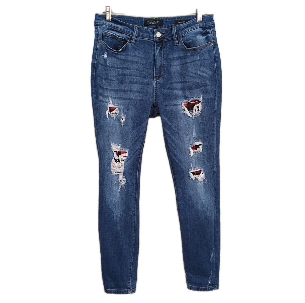 JUDY BLUE Skinny Fit Jeans Medium Wash Stretch Denim Red Plaid Ripped Women's 31